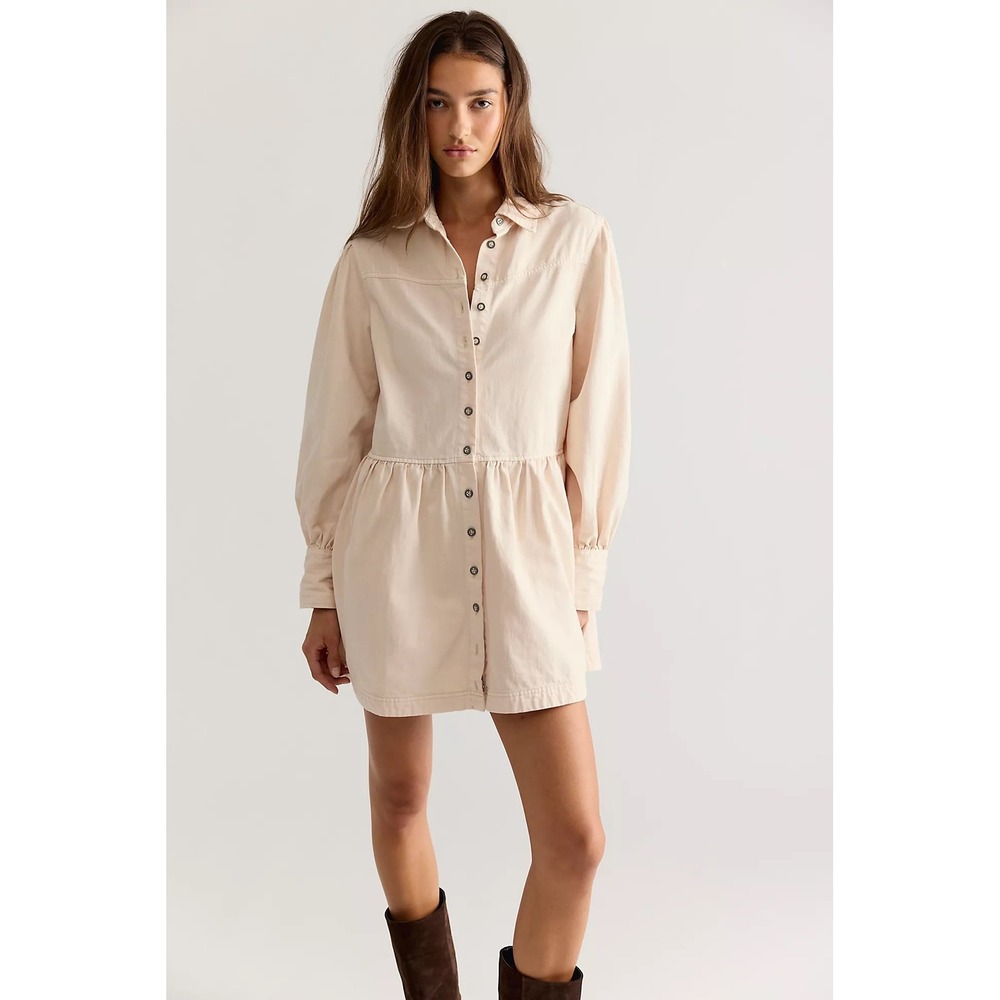 Free People Mini Dress Cream Beige Denim Shirt Dress Long Sleeve Large Fall
